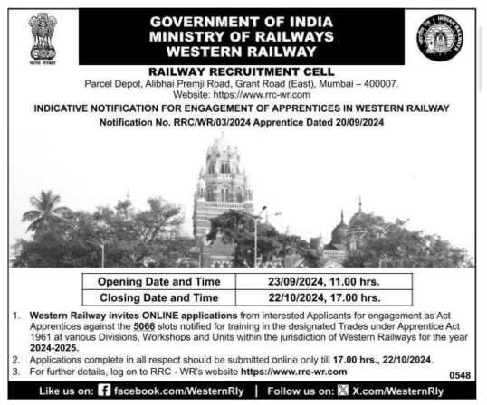 Short Notification RRC Western Railway Apprentice Posts