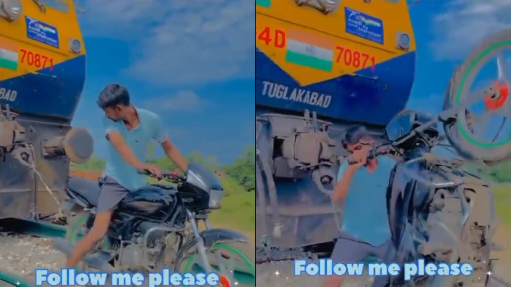 Viral VIDEO: Youth Attempts To Pull Train Engine With Bike For Social Media Reels In UP