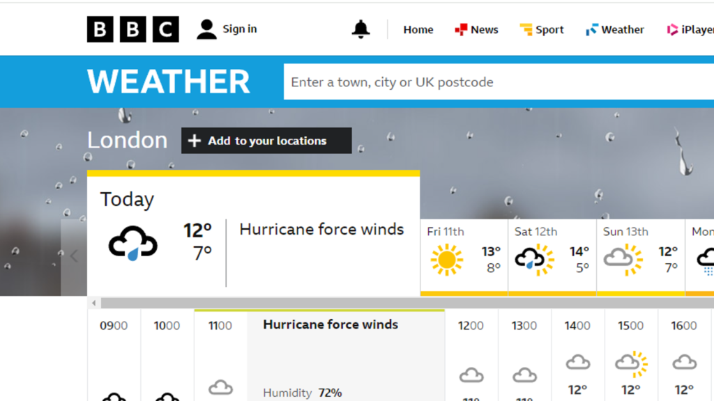 BBC Weather app shows hurricane force winds. Pic: BBC