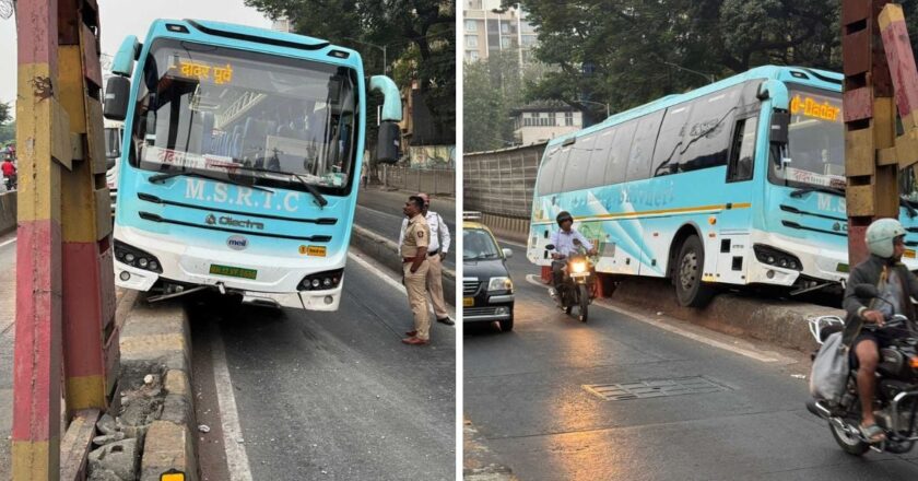 पुणे जा रही ई-शिवनेरी बस माटुंगा में डिवाइडर से टकराई; दृश्य सतह