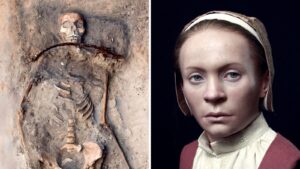 Compile of face and skeleton of Zosia, a woman buried as a vampire, lies in a grave in Pien, Poland, August 2022. Nicolaus Copernicus University, Torun/Handout via REUTERS