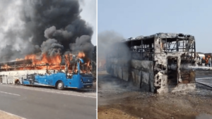 VIDEO: Narrow Escape For 40 As Sleeper Coach Bus Burns To Ashes Near Madhya Pradesh