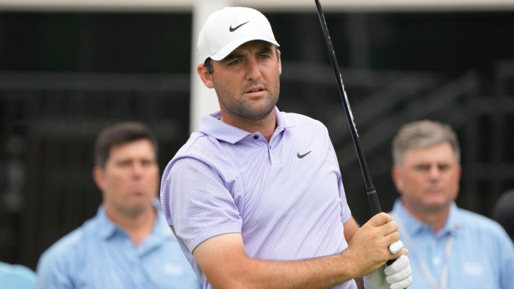 Scottie Scheffler plays his shot on the seventeenth tee during the second round of the Charles Schwab Challenge golf tournament. Pic: Reuters/USA TODAY Sports