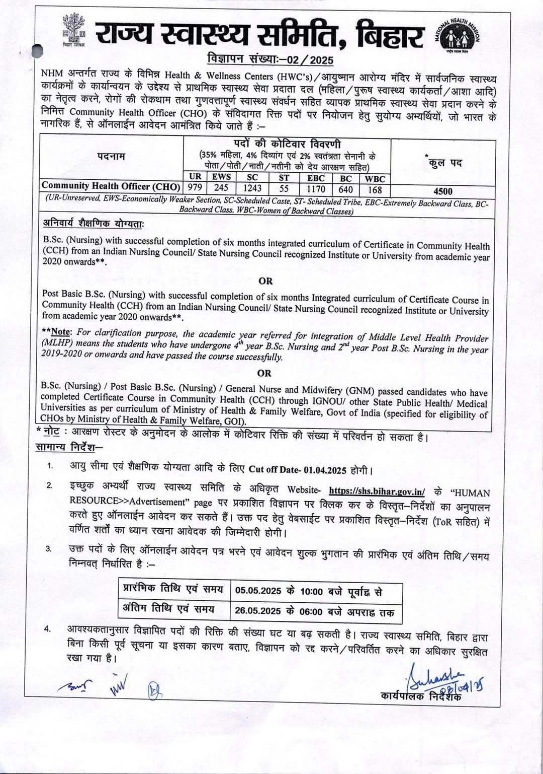 सामुदायिक स्वास्थ्य अधिकारी (CHO) पदों पर भर्ती