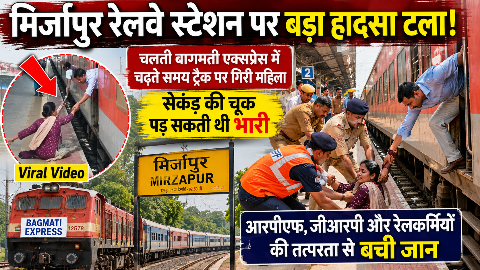 मिर्जापुर रेलवे स्टेशन पर बड़ा हादसा टला, चलती बागमती एक्सप्रेस में चढ़ते समय ट्रैक पर गिरी महिला
